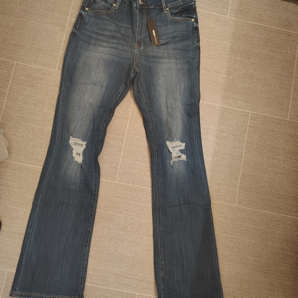 Sexy Fashion Nova Dark Blue Distressed Flare Jeans